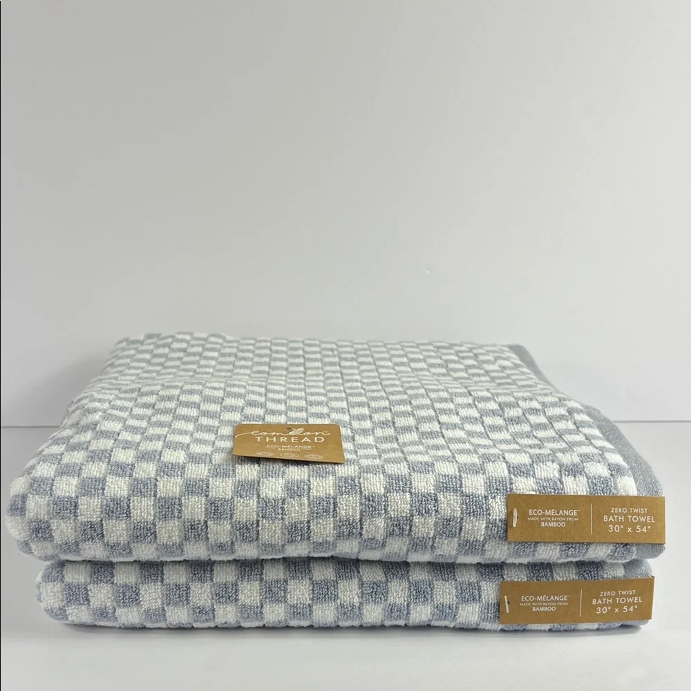 Common Thread Bamboo Bath Towels Blue White Check Print Cotton Set of 2 NEW